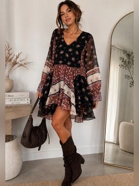 Rebecca Minkoff “Fiona”Floral Patchwork Mini Dress Boho Sheer Tiered Ruffle